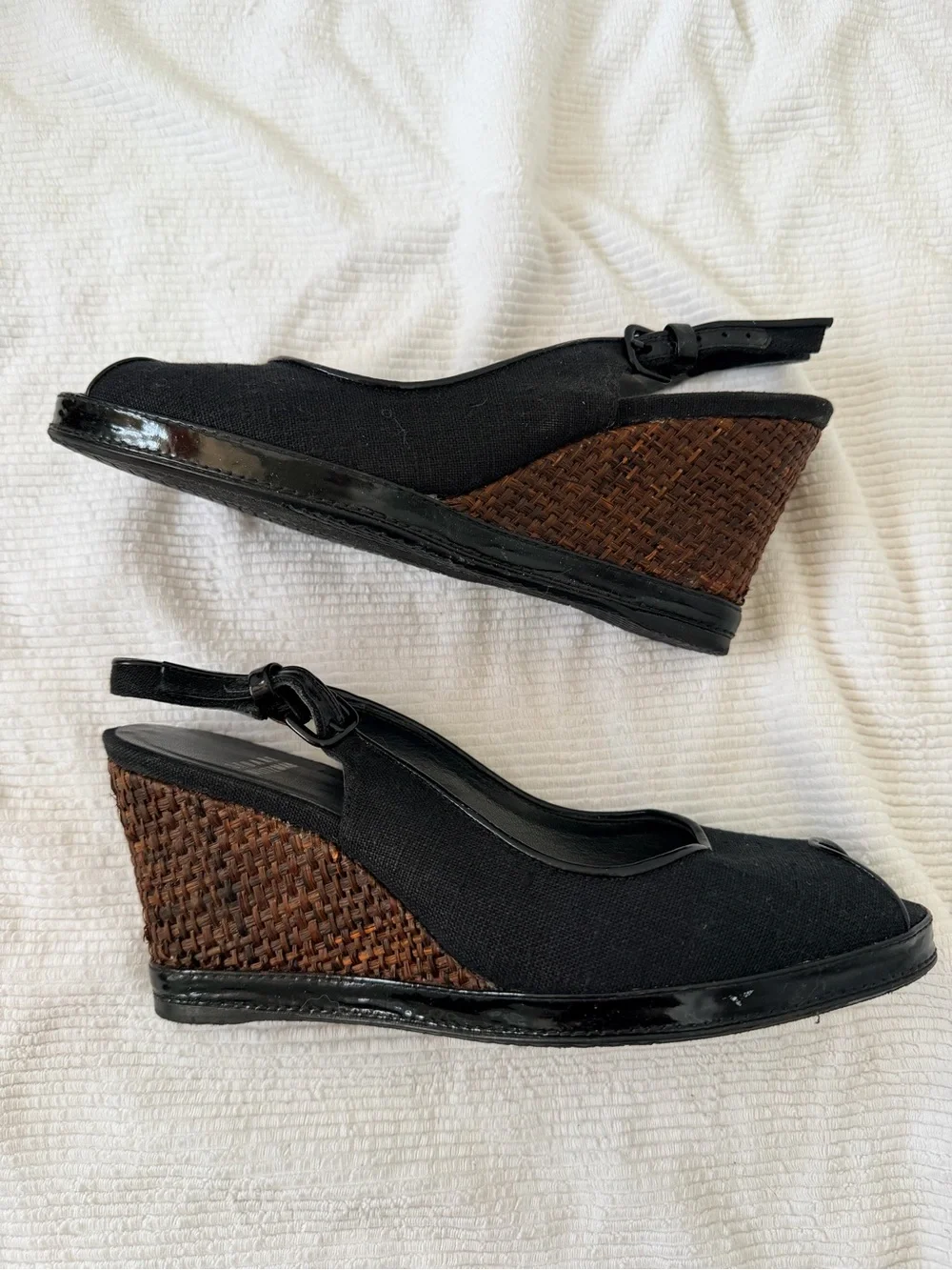 Stuart Weitzman Black linen Peep-Toe Slingback Wedges with Brown Woven Heel